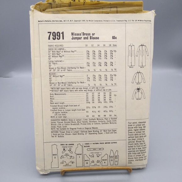 Vintage Sewing PATTERN McCalls 7991, Misses 1965 Dress or Jumper and Blouse - Picture 2 of 2